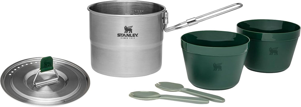 Stanley Adventure Stainless Steel Camping Cooking Set for Two 1.0L / 1.1 QT with Bowls and Sporks - 6 Piece Camp Cook Set - Stainless Steel Pot with Lid - Cookware for Backpacking and Camping
