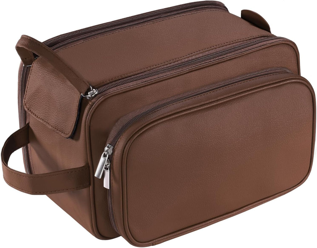 Buruis Extra Large Toiletry Bag for Men, PU Leather Travel Dopp Kit, Brown