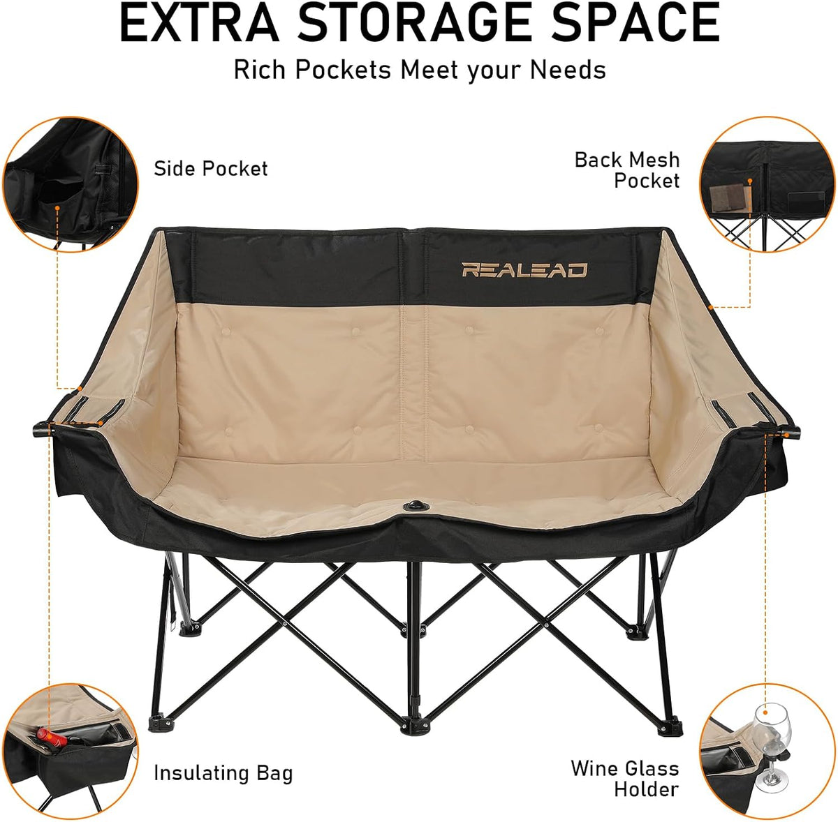 REALEAD Double Camping Chair Heavy Duty Camping Couch Support 650 lbs
