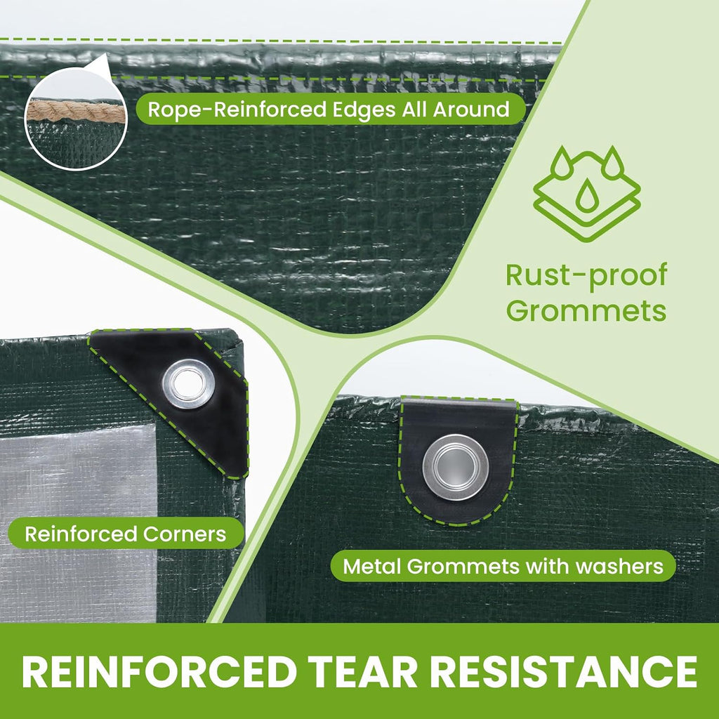 16x20Ft Tarps Heavy Duty Waterproof Green 10 Mil, Reinforced Edges Grommets