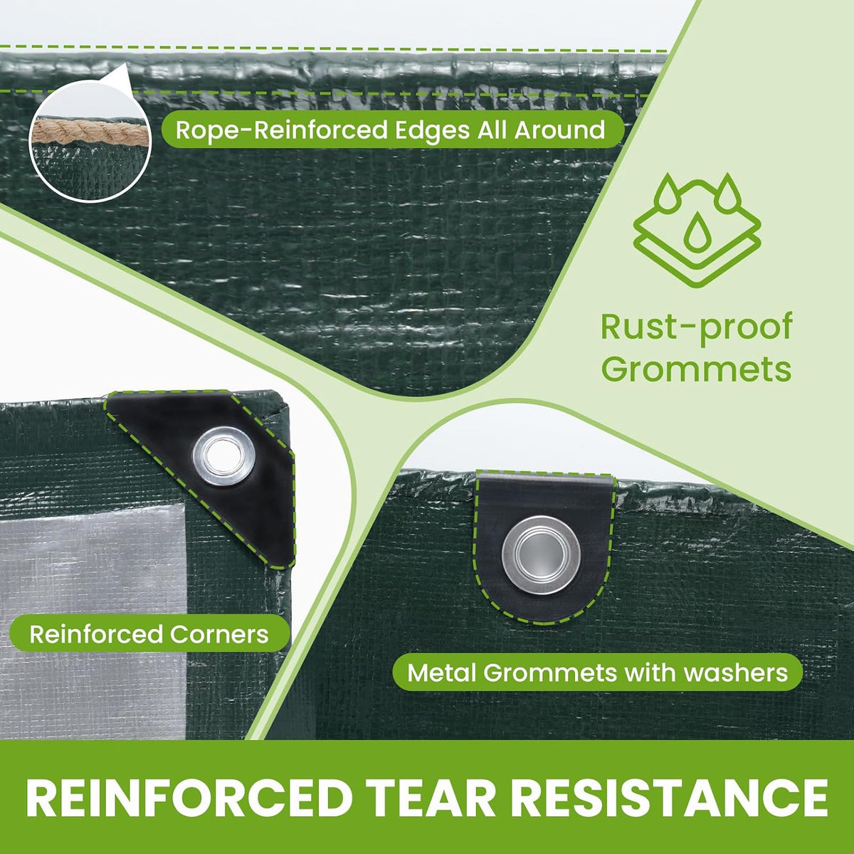 16x20Ft Tarps Heavy Duty Waterproof Green 10 Mil, Reinforced Edges Grommets