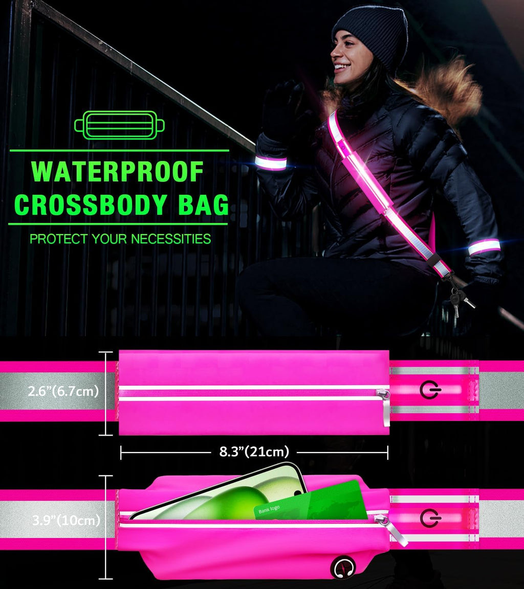 Ylzzrs LED Belt Reflective Sash for Walking at Night,High Visibility Adjustable Night Running Safety Gear,Light Up Running Belt Reflective Gear with Phone Bag/Armband for Runners Walkers Men Women