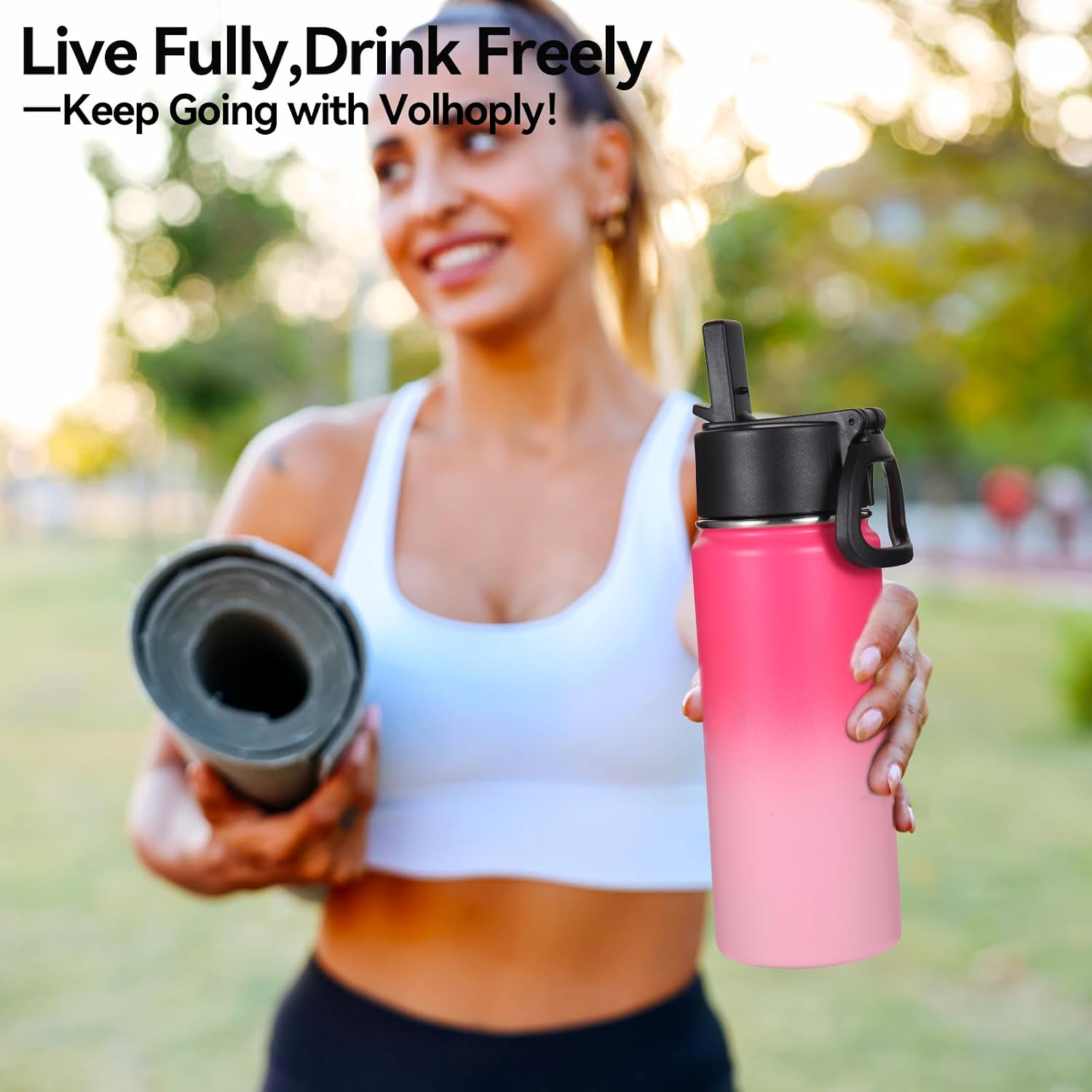 Volhoply 16 OZ Kids Water Bottle Bulk 2 Pack,Insulated Sports Bottles with Straw Lid,Stainless Steel Bottle with Handle Keep Cold & Hot,Double Wall Vacuum Tumbler Cups for School,Girls(Peach, 2)