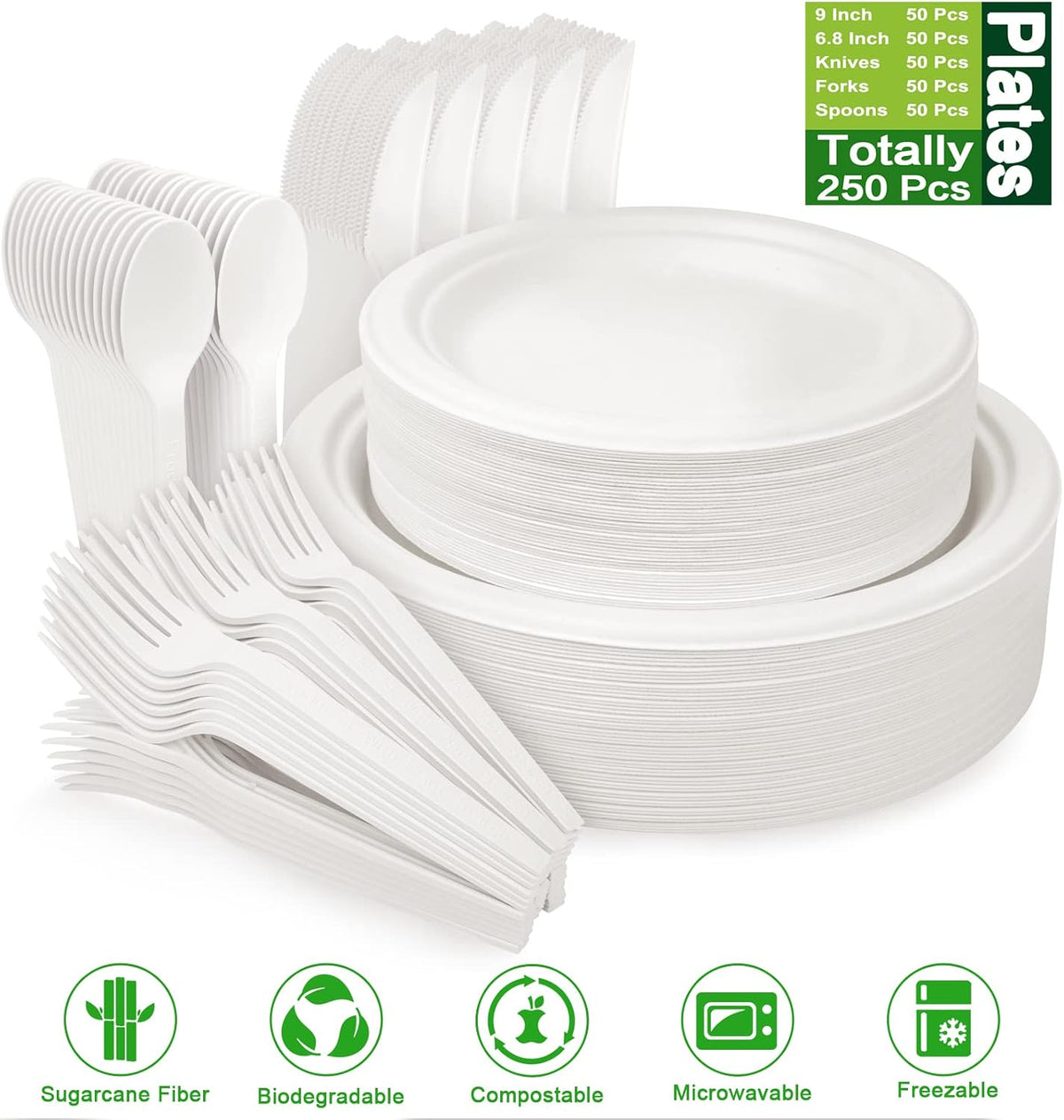 Unves 250 Pcs Compostable Paper Plates Set with Extra Long Utensils, White