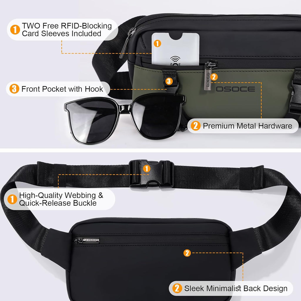 OSOCE Fanny Bag for Men, Waist Bag Water-Resistant, Side Release Buckle, L