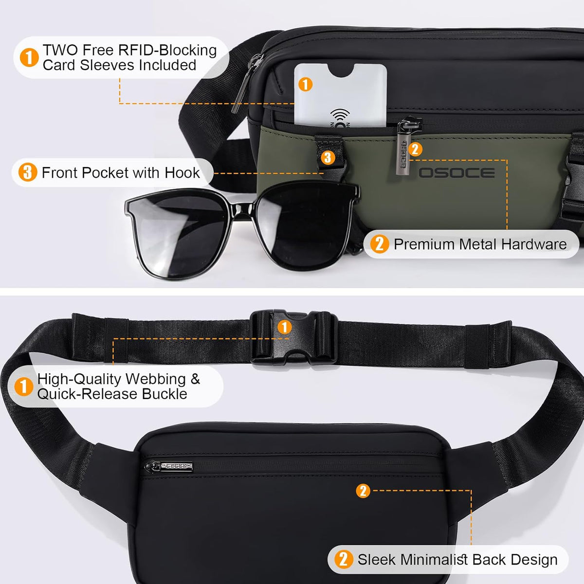 OSOCE Fanny Bag for Men, Waist Bag Water-Resistant, Side Release Buckle, L
