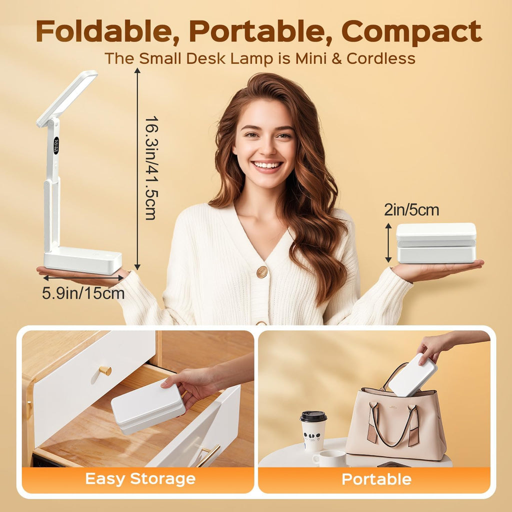 One Fire Small Desk Lamp,10000mAh Battery Operated Lamp,3 Colors+Dimmable Desk Light,LED Desk Lamp with Digital Clock+45min-Timer,Wireless & Portable Light,Desk Lamps for Home Office,Craft