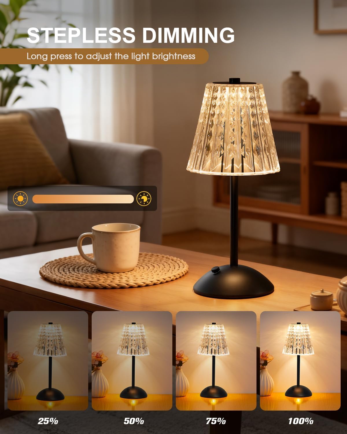 Nusogon Rechargeable Cordless Table Lamp, Touch Control Crystal Desk Lamp