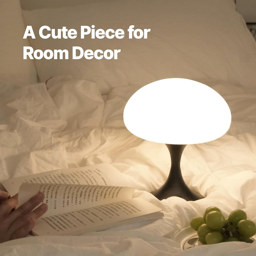 MAGCHARM Mushroom Lamp, 5W LED Cordless Rechargeable Table Lamp with Glass Shade, Small Retro Dimmable Touch Light with 3 Color Temps, Aesthetic Mid Century Bedside Light for Bedroom Ambient, Black