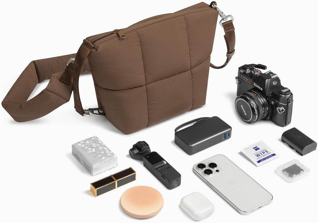 Comfyable Puffy Camera Bag, Soft Pillow Camera Bag with Shoulder Strap, Water-resistant Cute Compact Shooting Purse for Mirrorless DSLR SLR Women and Men, Mocha Brown