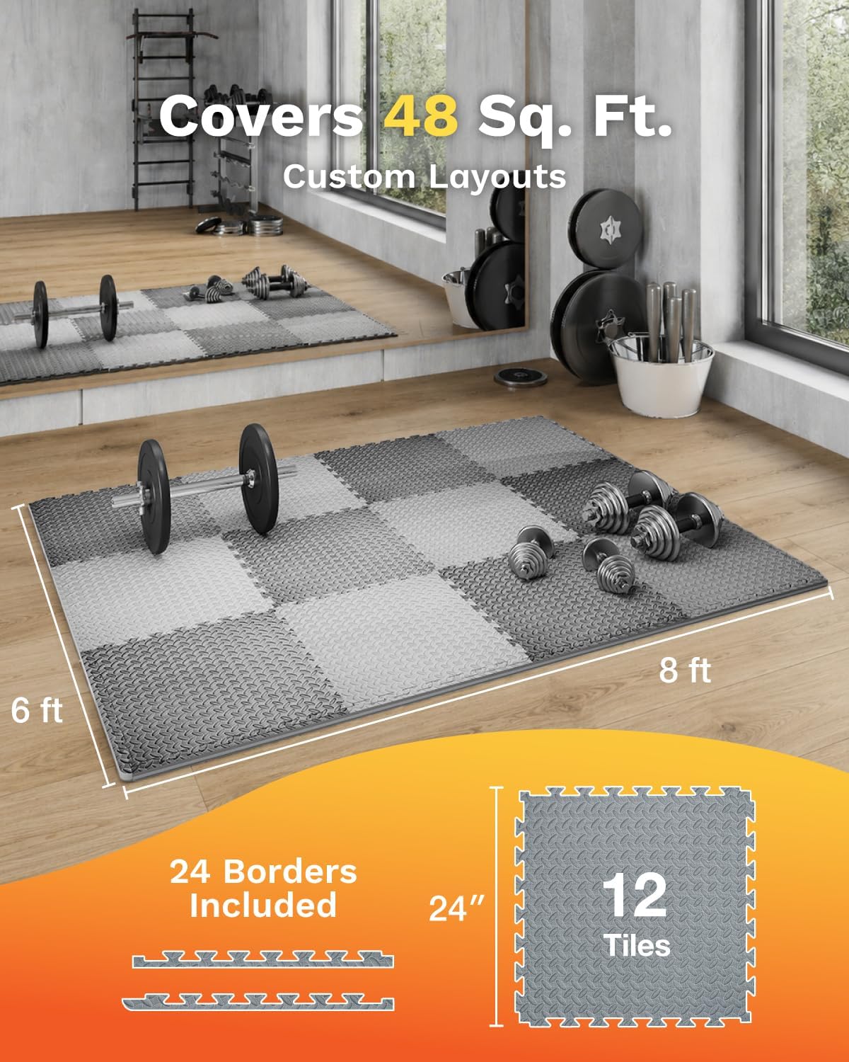 AIRHOP Upgraded 0.79" Extra Thick 48 Sq Ft High-Density Eva Foam Exercise Gym Mats, 12 Pcs Large Interlocking Puzzle Floor Tiles (24"x24") for Home Gym