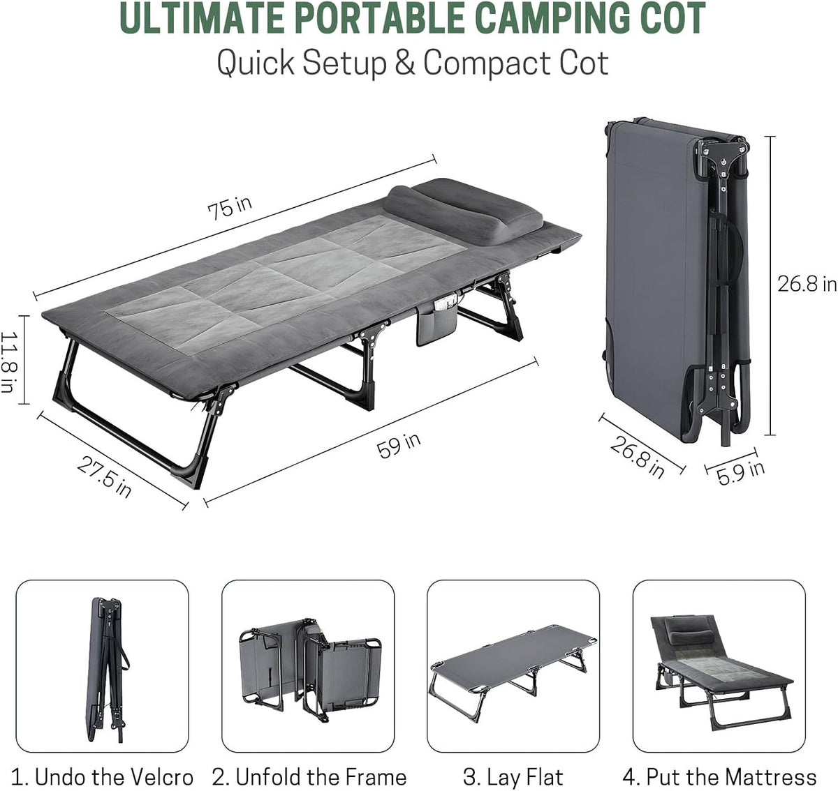 Mopaicot Folding Camping Cot for Adults, Lounge Chair with Pad and Pillow