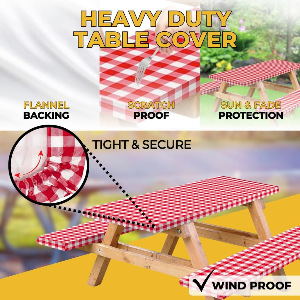 Vinyl Fitted Picnic Table Cover with Bench Covers & Bag 6ft Red Checkered