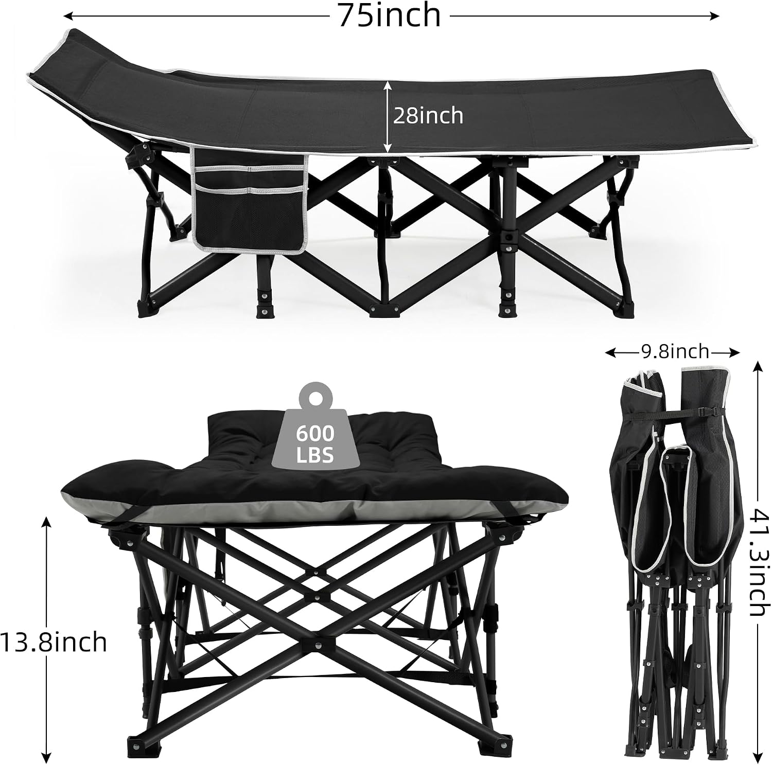 Fragess Portable Camping Cot, Sleeping Cots for Adults, 28" Extra Wide Heavy Duty Folding Cot Max Load 600LBS with Thick Mattress, Portable Camping Bed for Outdoor Camp/Office, Home Nap (Black)