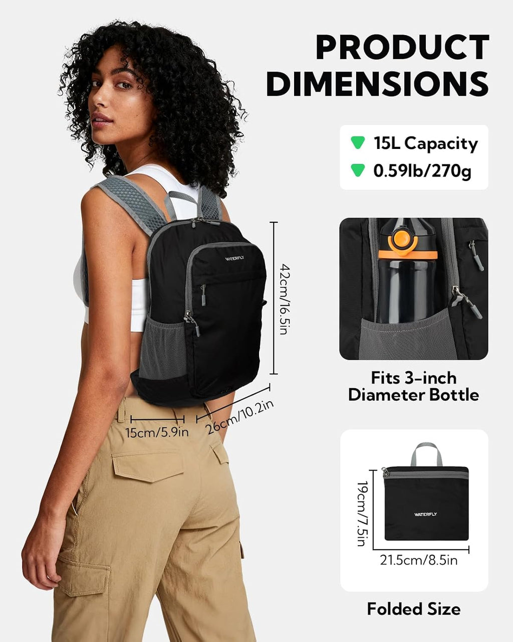 WATERFLY Small Packable Travel Backpack: 15L Lightweight Hiking Daypack