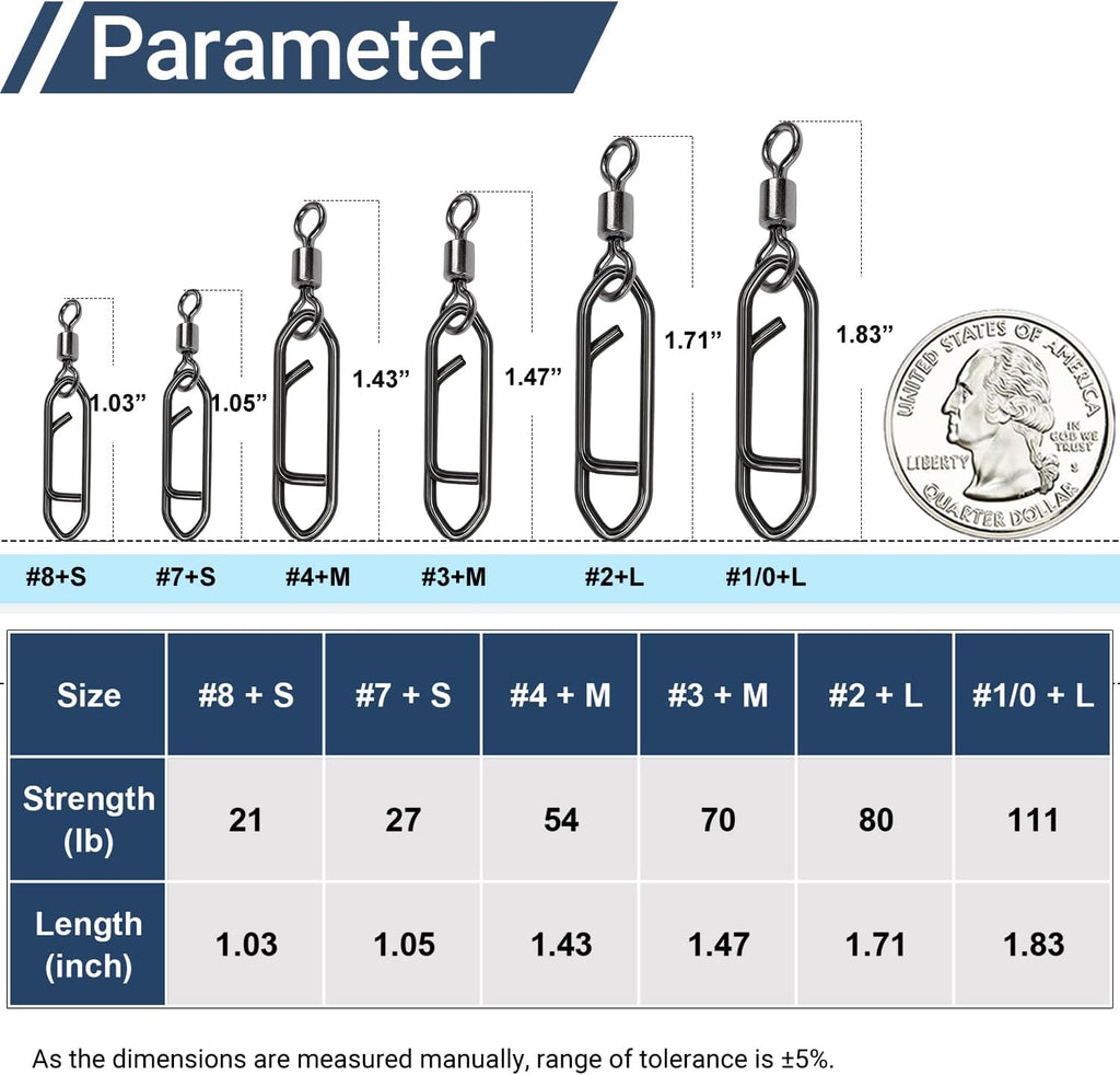 QISHUO Stainless Steel Fishing Swivels Lure Tackle Clips Snap Swivels Strength Barrel Saltwater Swivel Fishing Rolling Black Nickel