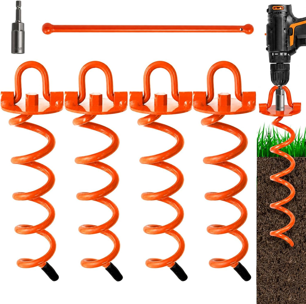 4 Pack Heavy Duty Spiral Ground Anchors with Drill Adapter, 12.4" Screw-in Metal Earth Stakes for Trampolines, Dog Tie Out, Sheds and Tents, Orange