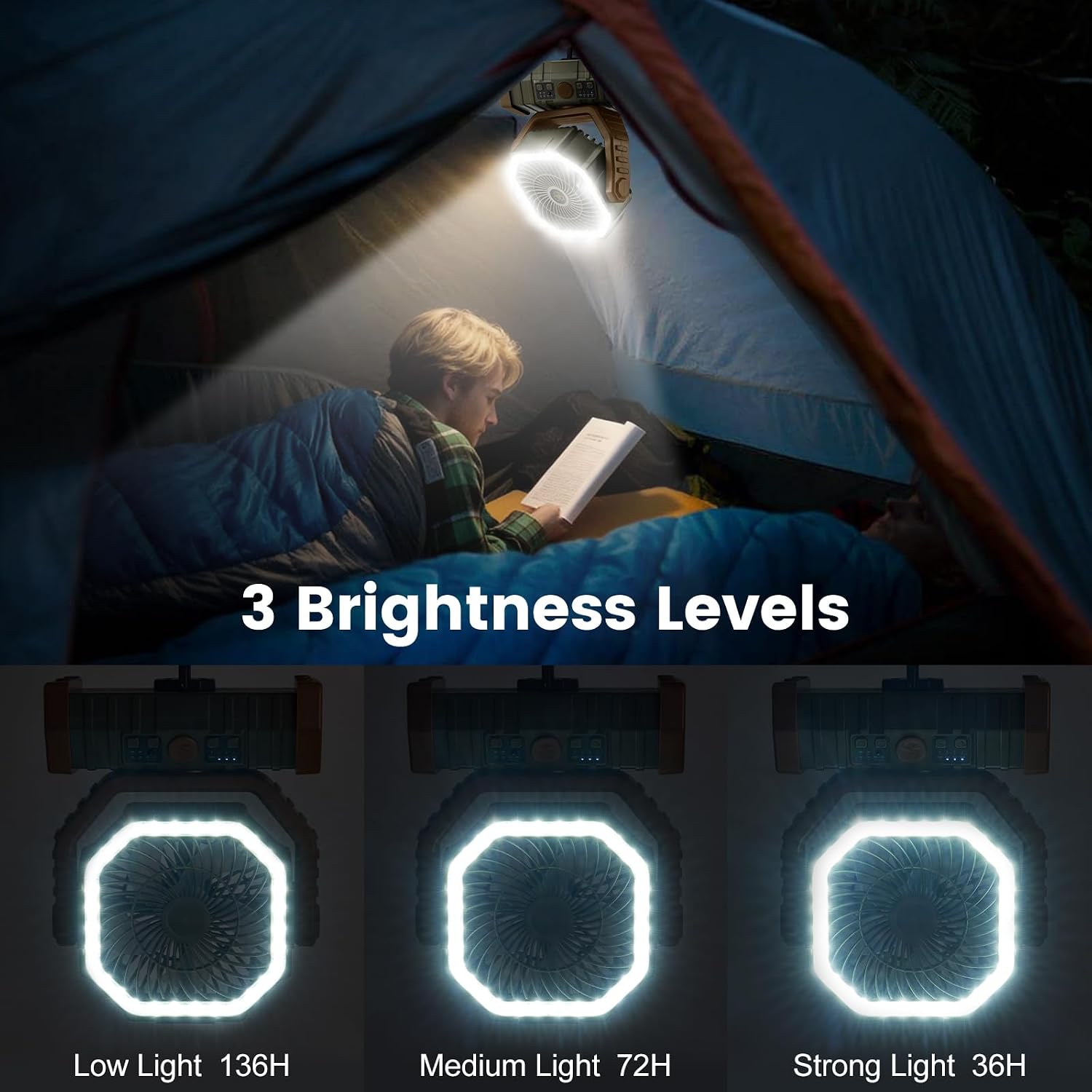 Odoland 30000mAh Camping Fan with LED Lantern, Rechargeable Battery Fan | Operated Oscillating Fan with Remote & Hook, Portable Tent Fan with Timer, 4 Speeds for Outdoor Camp RV Power Outage, Brown