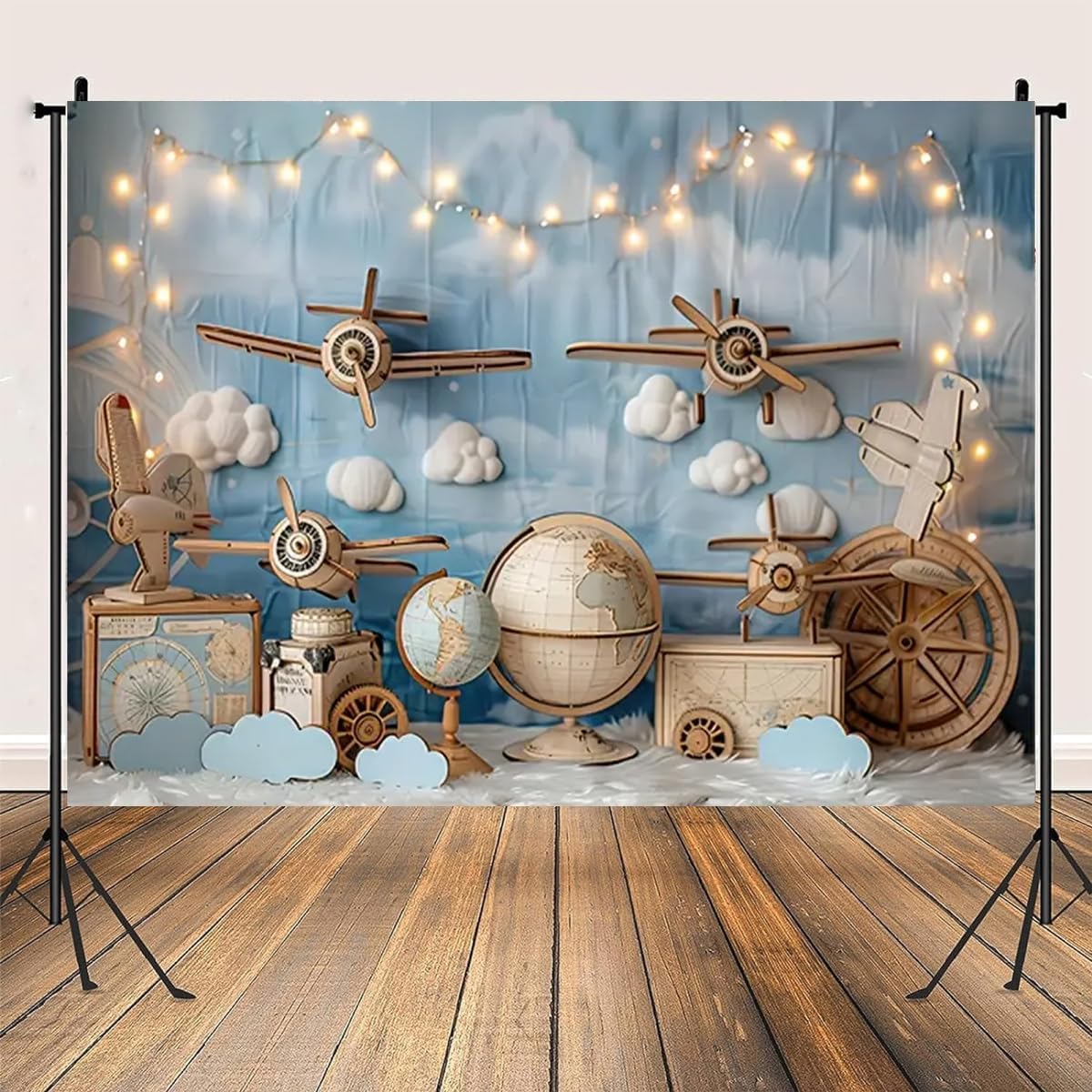 Vintage Airplane World Map Photography Backdrop Blue Sky Cloud Globe Compass Travel Adventure Background for Newborn Baby Boy Shower 1st Birthday Cake Smash Photo Studio Props (7X5FT)