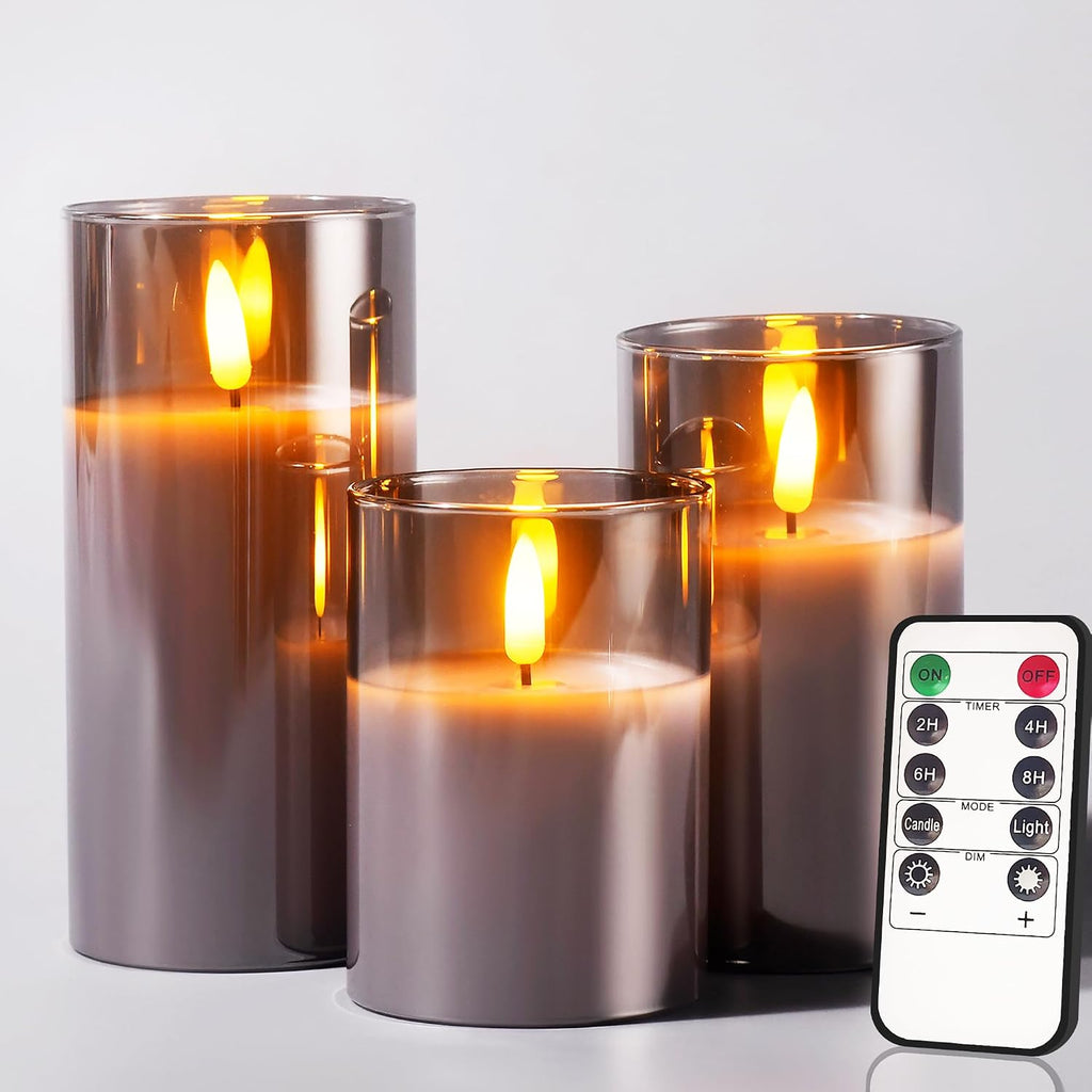 Tyawon Glass Battery Operated LED Flameless Candles with Remote and Timer, Real Wax Candles Warm Color Flickering Light for Festival Wedding Home Party Decor(Pack of 3)-Grey