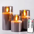 Tyawon Glass Battery Operated LED Flameless Candles with Remote and Timer, Real Wax Candles Warm Color Flickering Light for Festival Wedding Home Party Decor(Pack of 3)-Grey
