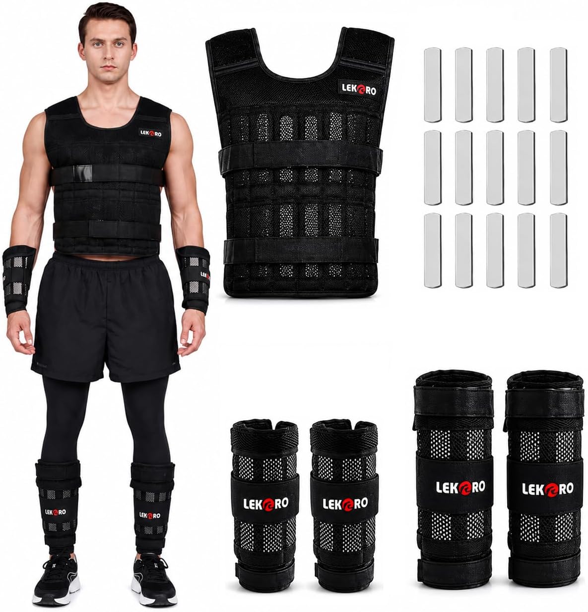 Weighted Vest Set 44LB for Men & Women, Adjustable Workout Weight Vest with Steel Plates, Weighted Training Vest with Wrist Weights and Ankle Weights for Strength Training, HIIT, Rucking & Cardio