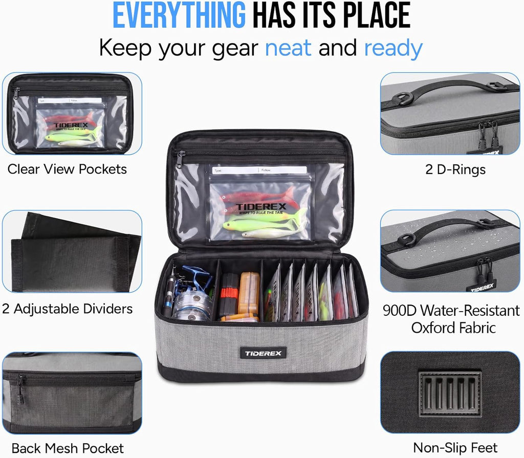 Fishing Tackle Bag with 20 DIY Soft Plastic Bait Bags, Gray