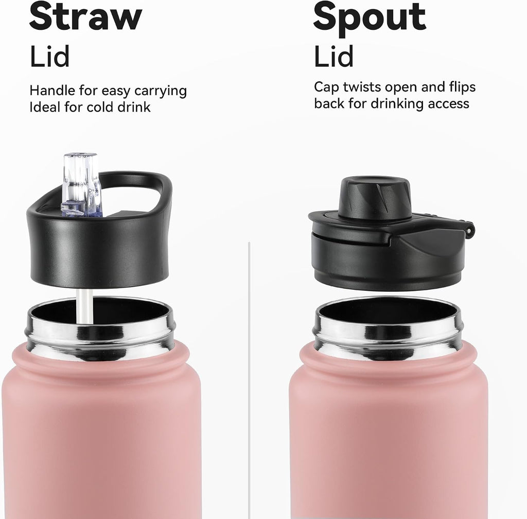 24oz Insulated Water Bottle with Straw Lid, Stainless Steel Metal Water Bottle with Straw & Wide Mouth Lid, Double Wall Vacuum Water Bottle for Hiking Camping, Pink 4 Pack