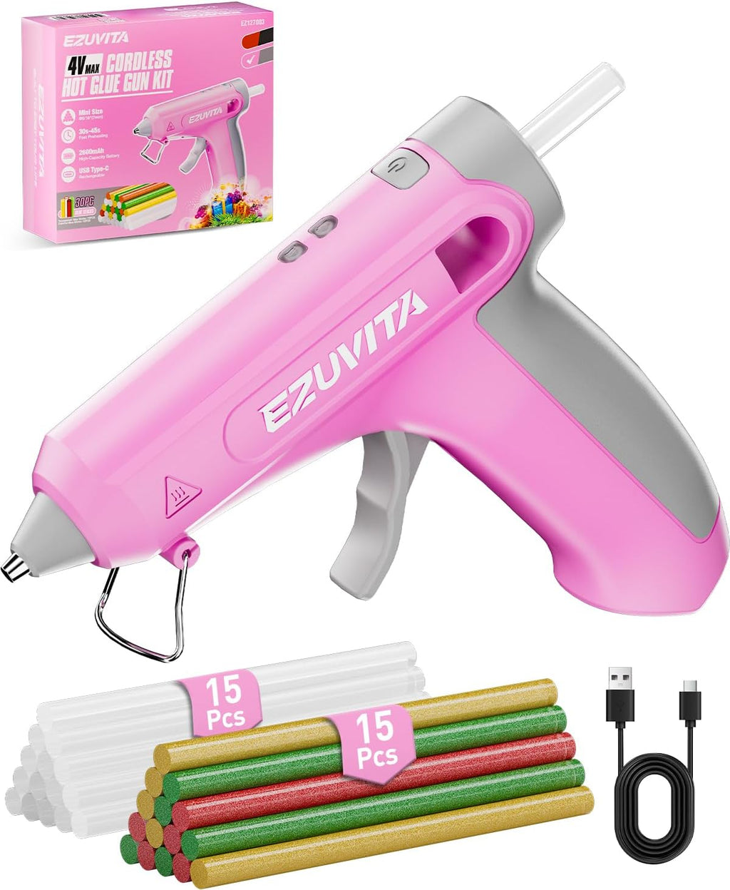4V Pink Cordless Hot Glue Gun Kit, 30-Piece Glue Sticks