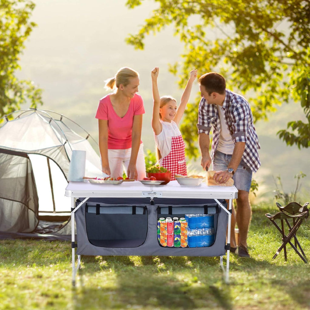 Folding Camping Table with Storage, Adjustable Height