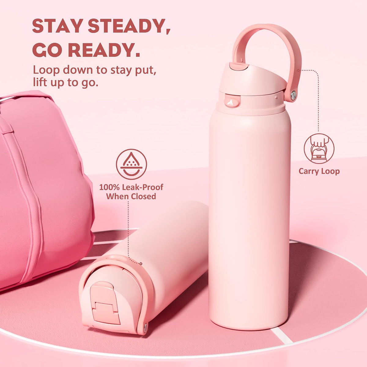 POWCAN 40 oz Insulated Water Bottle: 2-in-1 Push-Button Spout & Quick-Flip Straw, Leakproof, Cold 24Hrs, Fits Car Cup Holder, Stainless Steel Water Bottle for Sports, Travel, School (Cotton Candy)