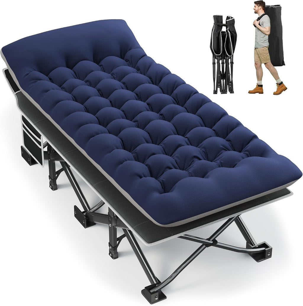 Fragess Portable Camping Cot, 32" Extra Wide Camping Cots for Everyone with Thick Cushion, Heavy Duty Sleeping Cot Holds Up to 600LBS, Cots for Sleeping, Rv, Beach, Patio, Office Naps(Blue)