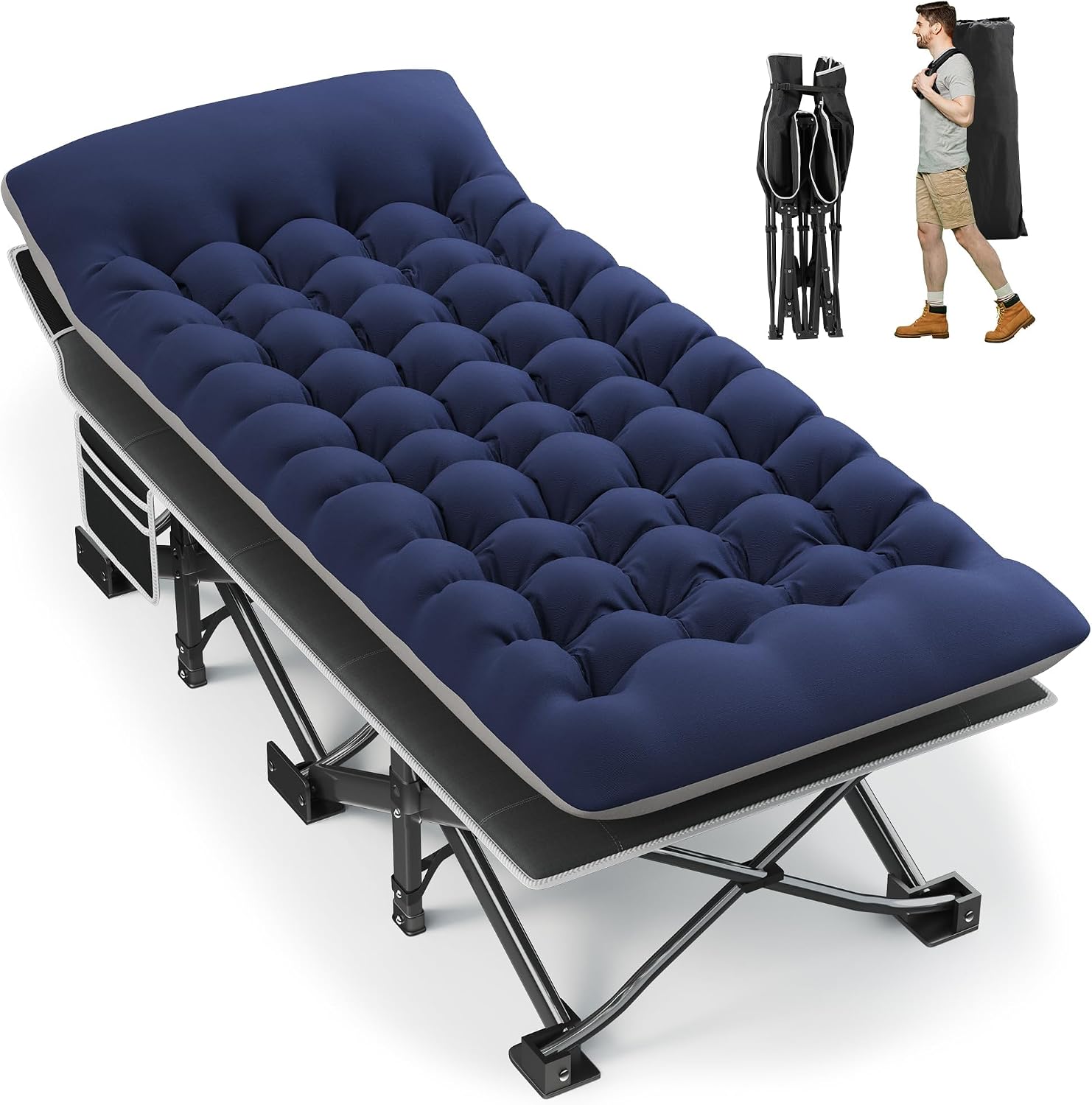 Fragess Portable Camping Cot, 32" Extra Wide Camping Cots for Everyone with Thick Cushion, Heavy Duty Sleeping Cot Holds Up to 600LBS, Cots for Sleeping, Rv, Beach, Patio, Office Naps(Blue)