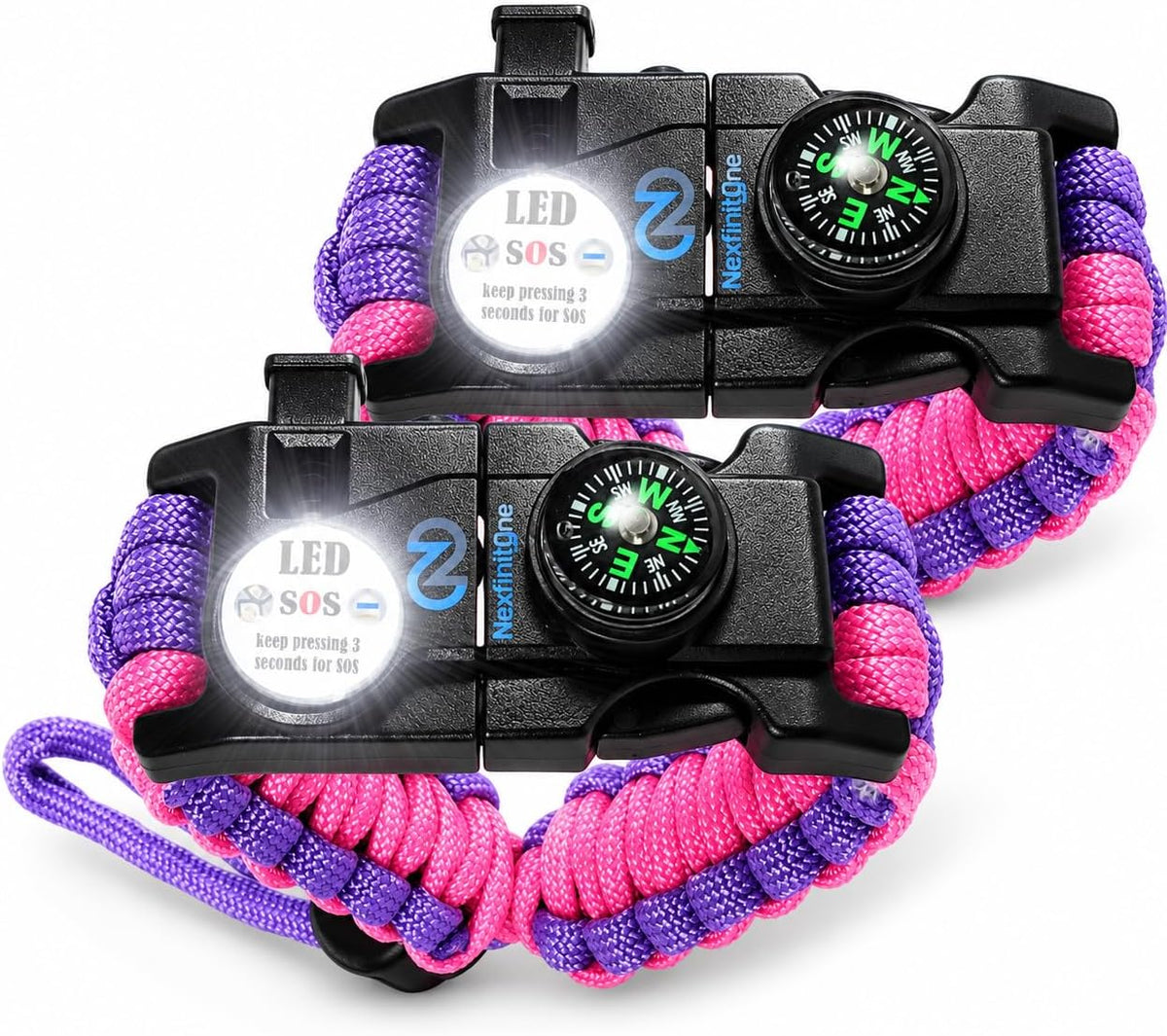 Nexfinity One Paracord Bracelet Set of 2-6-in-1 Survival Gear with SOS LED Light, Fire Starter, Compass, Loud Whistle & Multitools - Adjustable 550 Grade - Gift for Men, Camping, Hiking