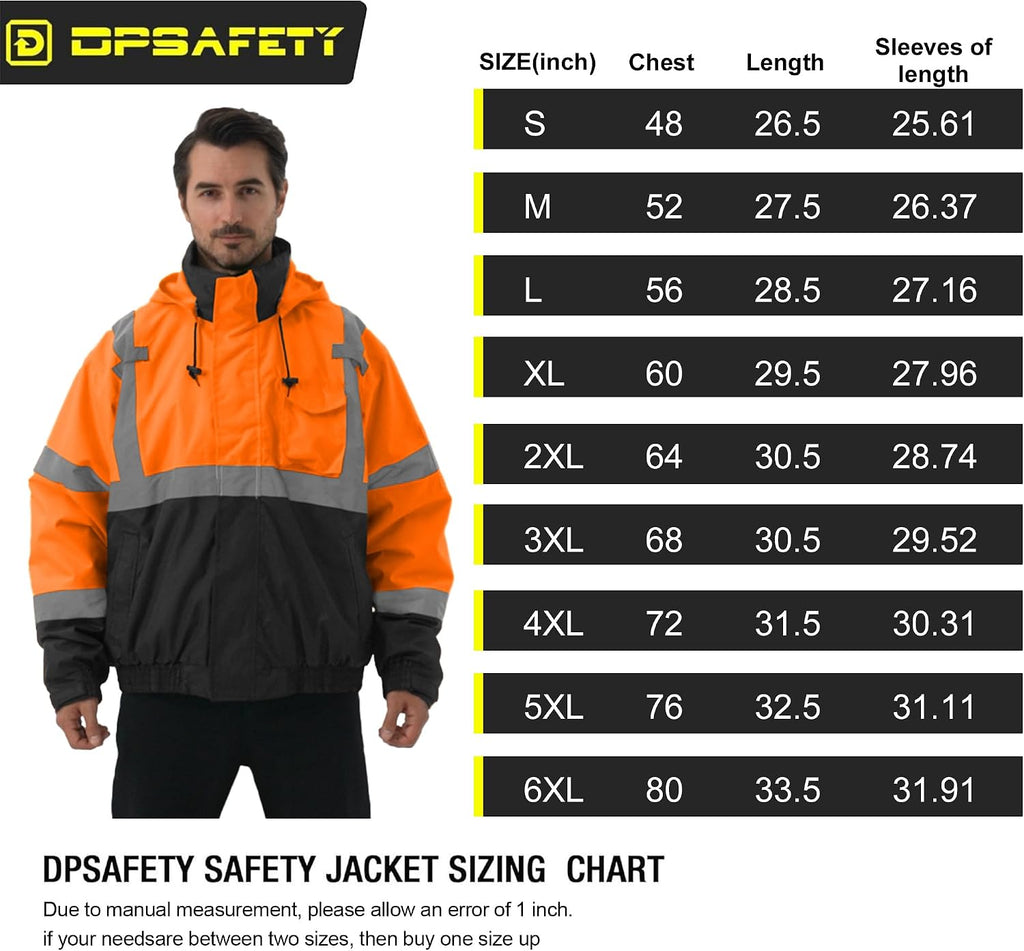 3 in 1 Safety jacket,Reflective high Visibility Hooded jacket,Hi Vis Bomber Jacket shell and fleece lining,Waterproof,ANSI Class 3 Black Bottom Orange,2XL