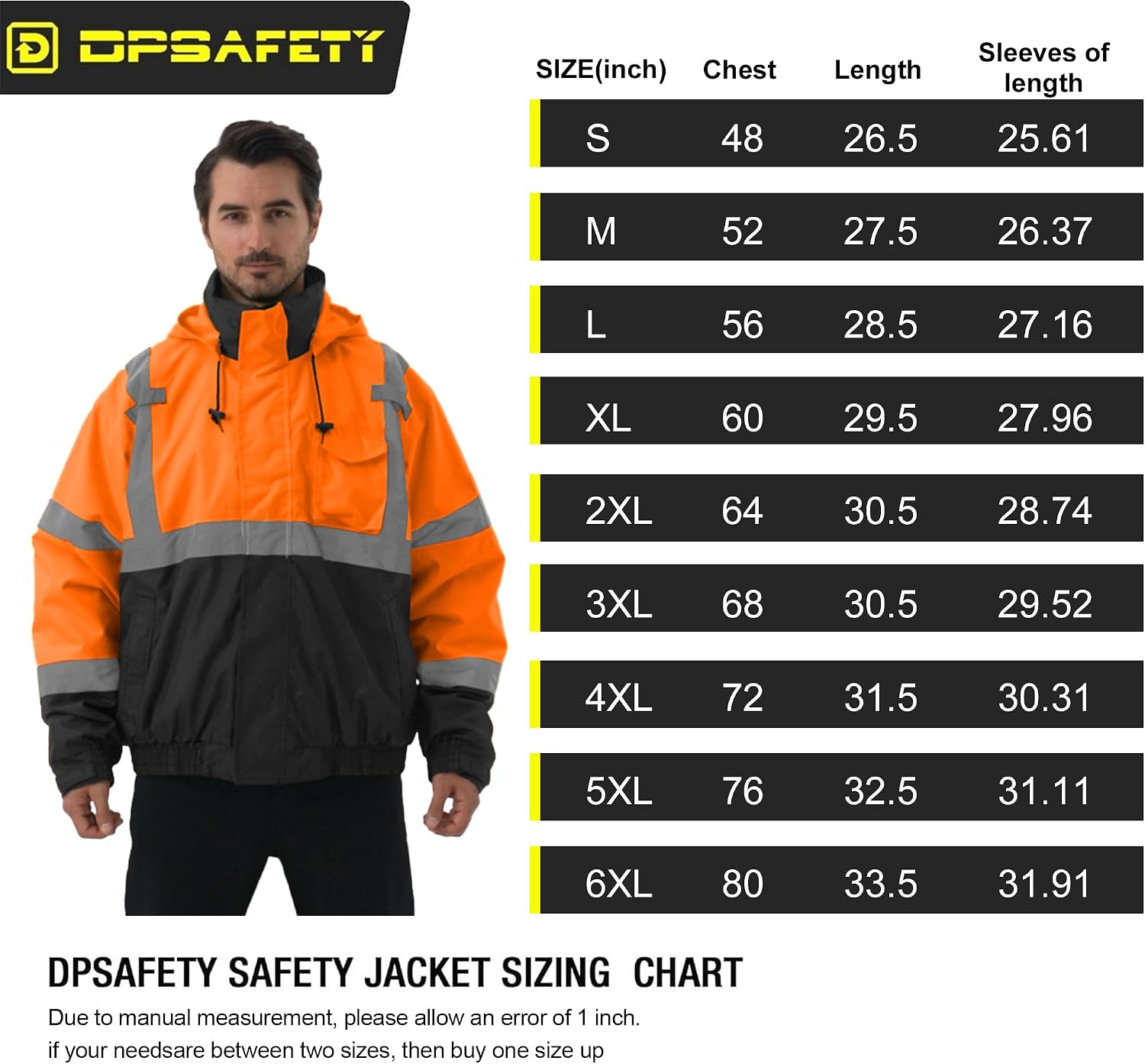 3 in 1 Safety jacket,Reflective high Visibility Hooded jacket,Hi Vis Bomber Jacket shell and fleece lining,Waterproof,ANSI Class 3 Black Bottom Orange,2XL