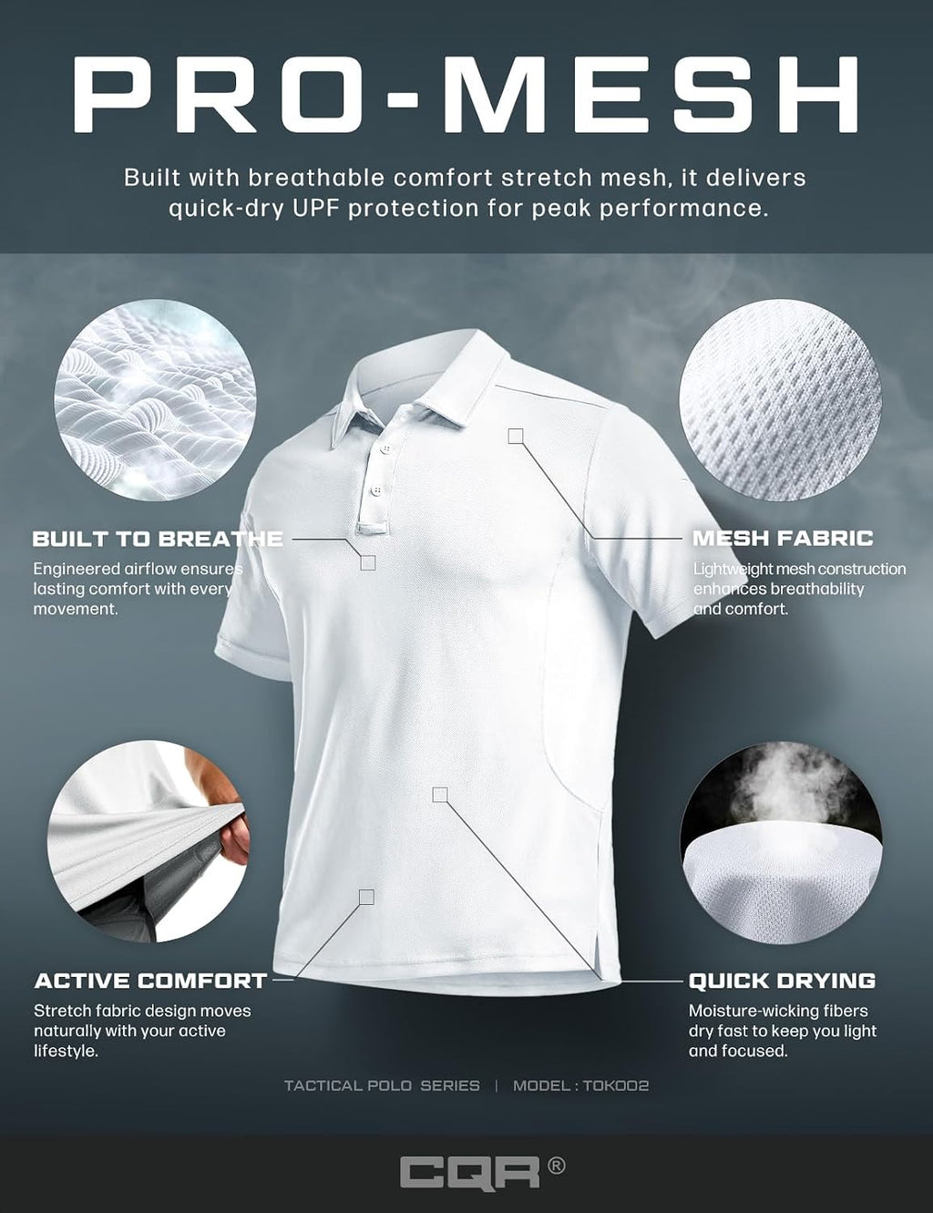 CQR Men's Quick Dry Tactical Polo Shirt, Lightweight Breathable Performance Polo, Short Sleeve UPF 50+ Outdoor Golf Shirt