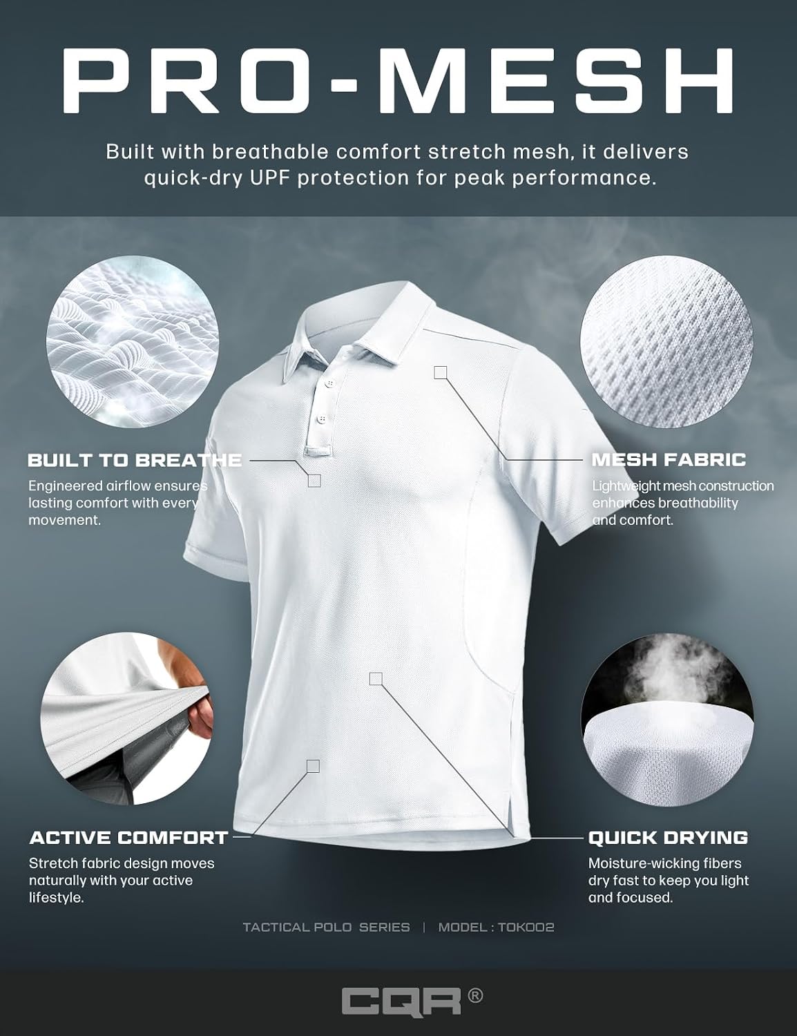 CQR Men's Quick Dry Tactical Polo Shirt, Lightweight Breathable Performance Polo, Short Sleeve UPF 50+ Outdoor Golf Shirt