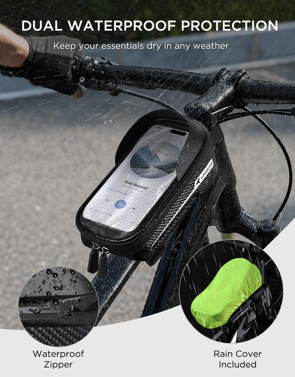 whale fall Bike Frame Bag Waterproof, 3D EVA Hard Shell, Bike Phone Holder