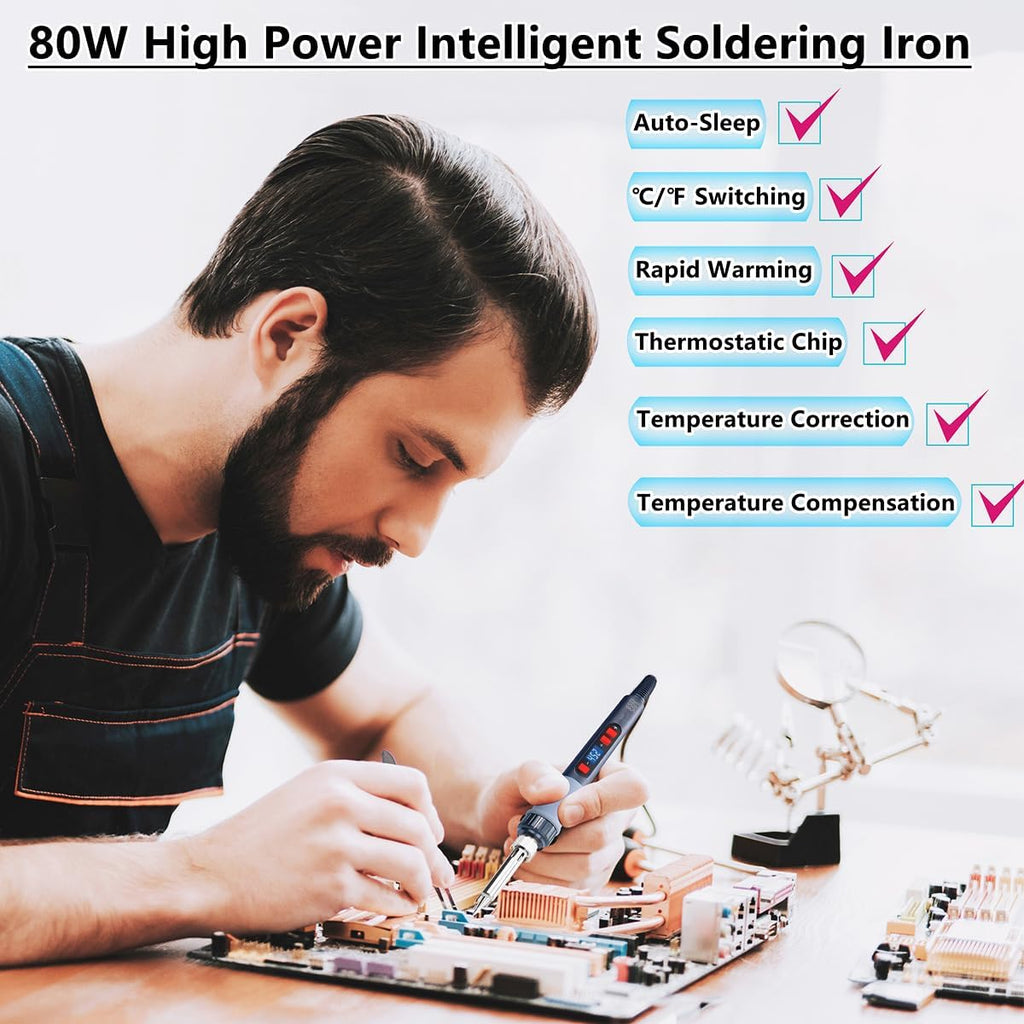 Soldering Iron Kit, 80W Electric Solder iron, Adjustable Temperature (180°C- 500°C）, With Multimeter, Magnifier Welding Helping Hand, Heat shrink tubing, Solder Wire, Desoldering pump.