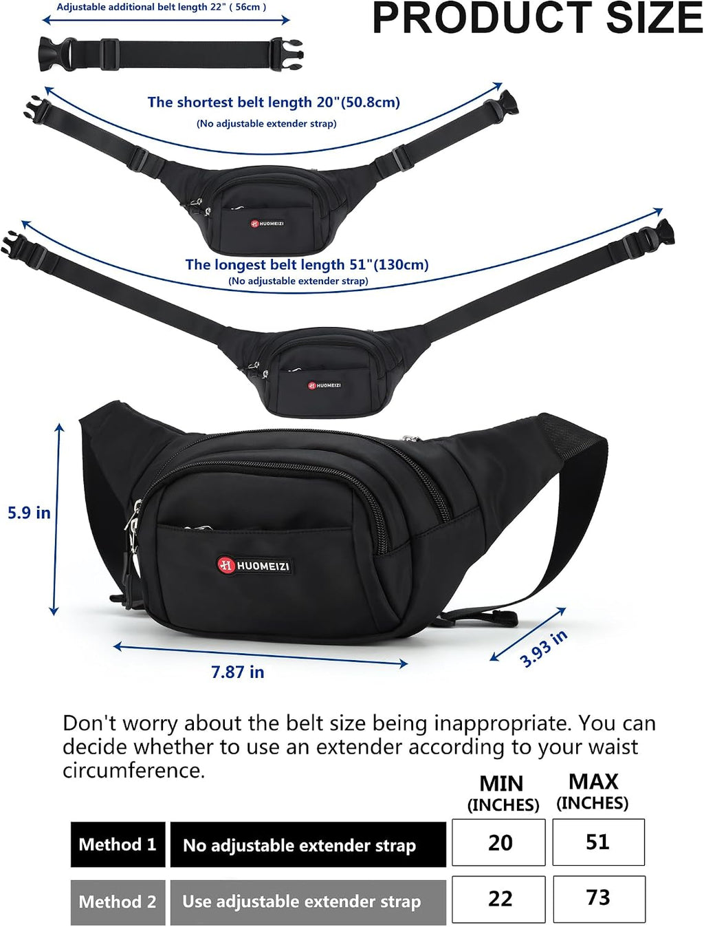 Fanny Pack Men Women Plus Size with Extender Strap 70" Waist Bag