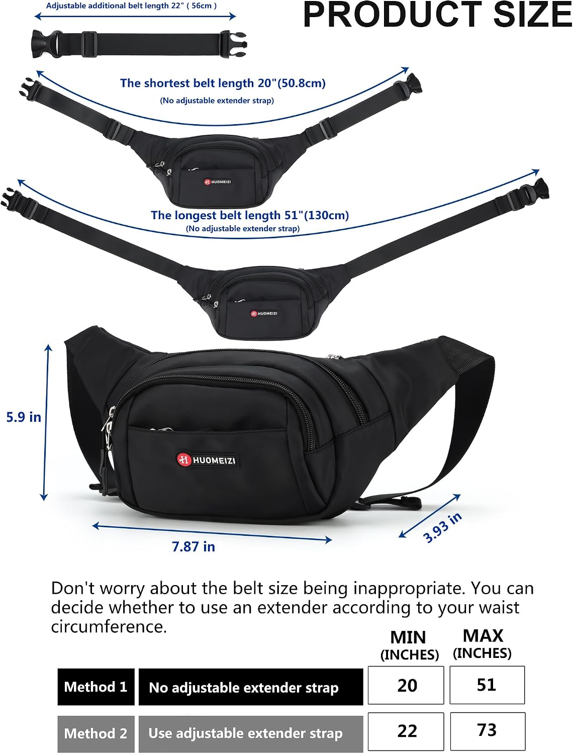 Fanny Pack Men Women Plus Size with Extender Strap 70" Waist Bag
