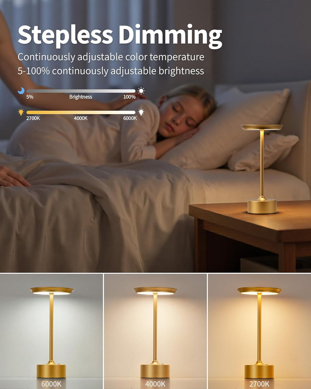 PUSU Rechargeable Table Lamps Set of 2, Gold Cordless Portable Desk Lamp