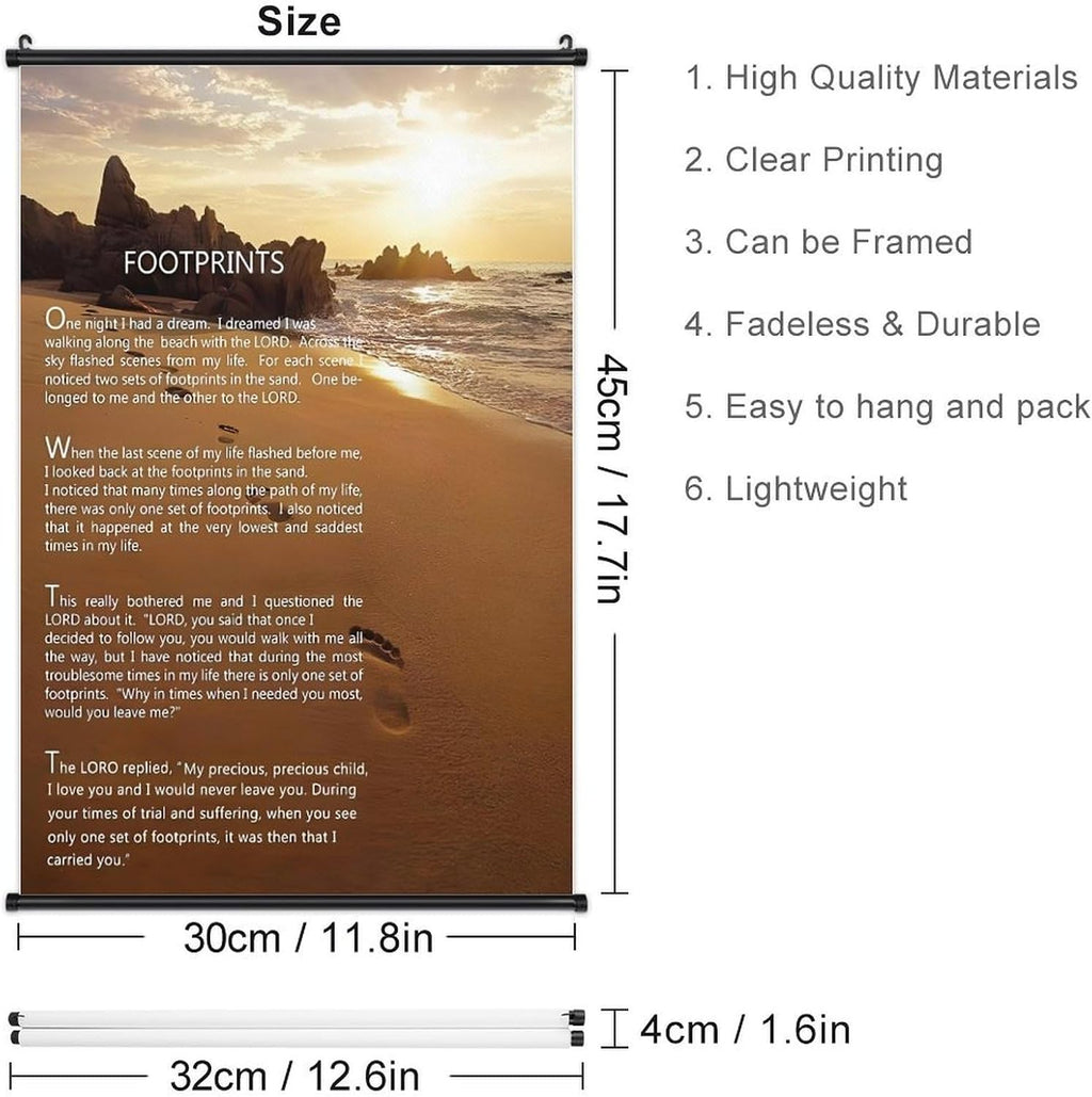 Footprints in the Sand Religious Canvas Wall Art Posters, Inspirational Beach Sunset Poem Print Poster (Black Axis 12x18inch, Footprints(2))