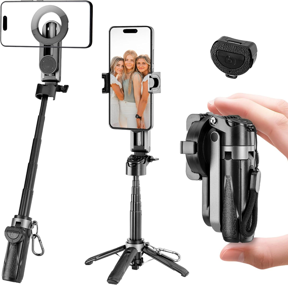 MQOUNY for Magsafe Tripod Stand for iPhone,Portable Pocket Size Selfie Stick with Rechargeable Remote and Metal Ring,Extendable Detachable Cell Phone Tripod Compatible with iPhone/Android (White)