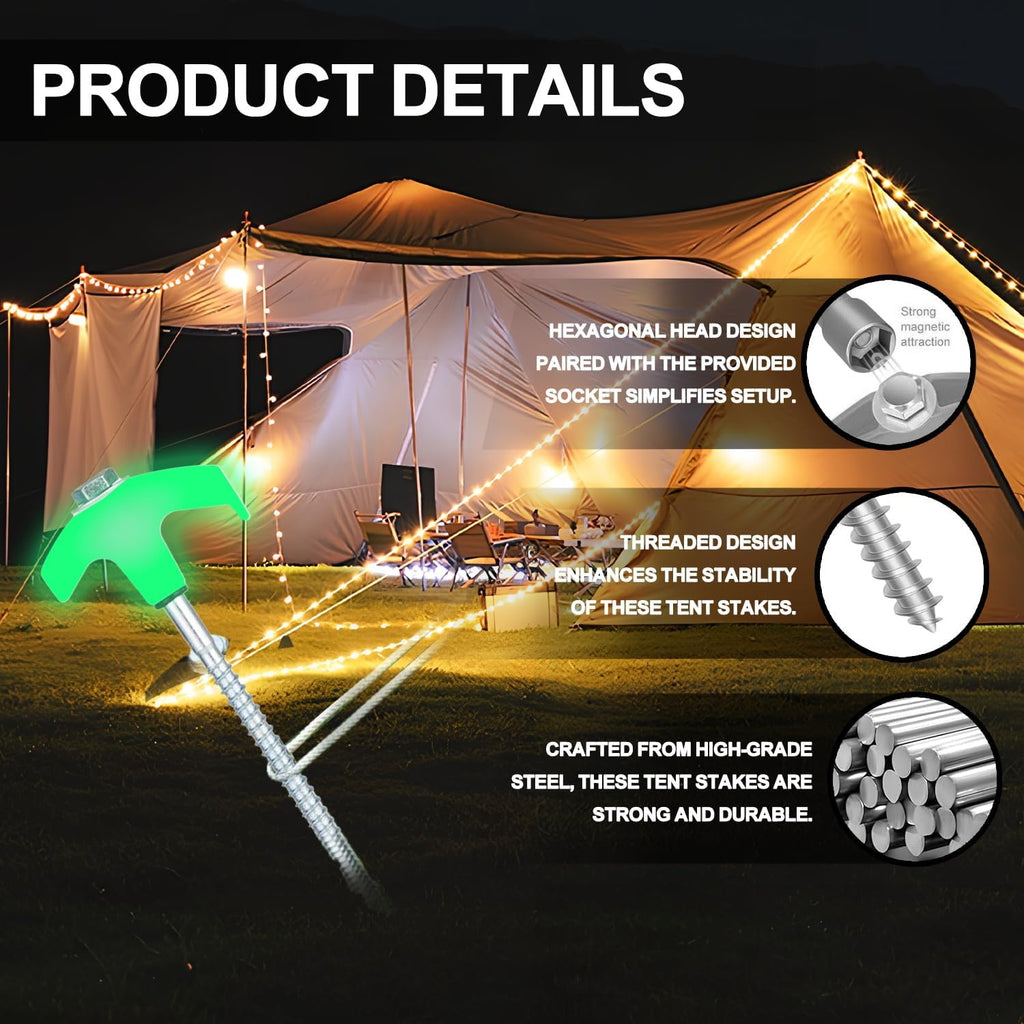 12 Pack Screw in Tent Stakes Heavy Duty,8 Inch Ground Anchors Screw in,Metal Stakes with Hex Head Driver,Camping Tent Accessories.(Luminous White)