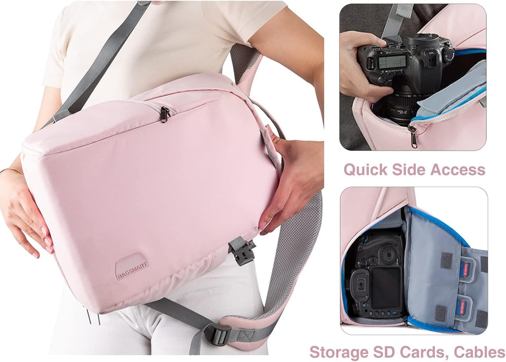 BAGSMART Camera Bag, Camera Backpack, DSLR SLR Camera Case Fits 13.3 Inch Laptop, Waterproof Photography Backpacks with Rain Cover Tripod Holder for Women Men, Pink