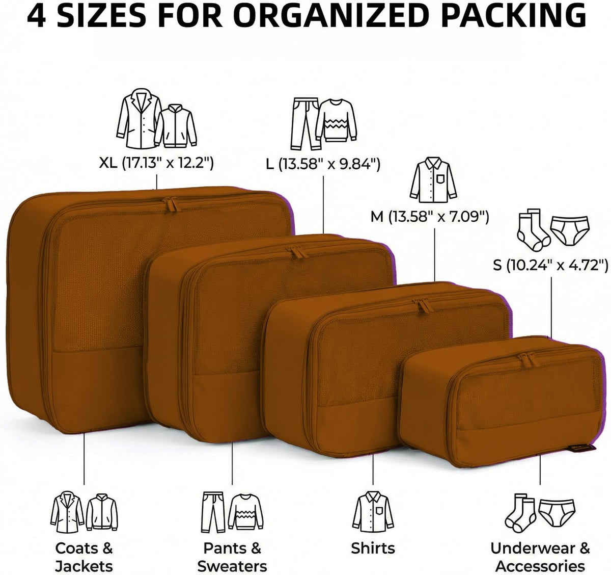 4 Piece Compression Packing Cubes for 3–7 Day Travel, Space Saving Travel Organizers with Breathable Mesh, Double-Zipper Packing Cubes for Carry-On & Suitcases (Brown)
