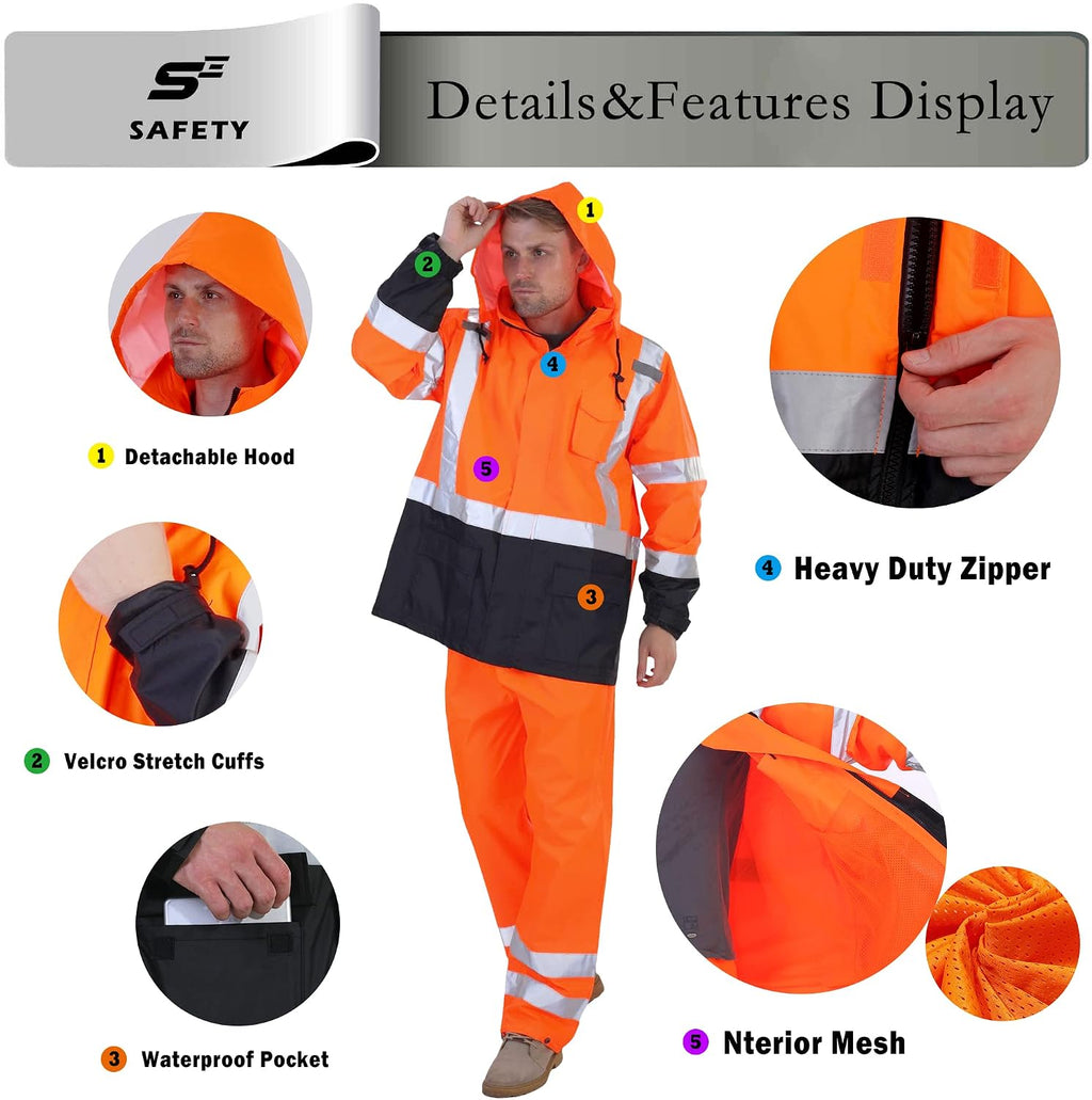 sesafety Hi Vis Rain Jacket, Rain Suits for Men Waterproof withBlack Bottom