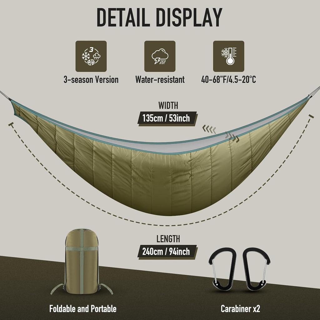 Hammock Underquilt, Insulated Camping Quilt for Warm Sleeping, Easy to Setup and Packable for Camping, Hiking, Travel, Beach, Backyard, Patio (Army Green)